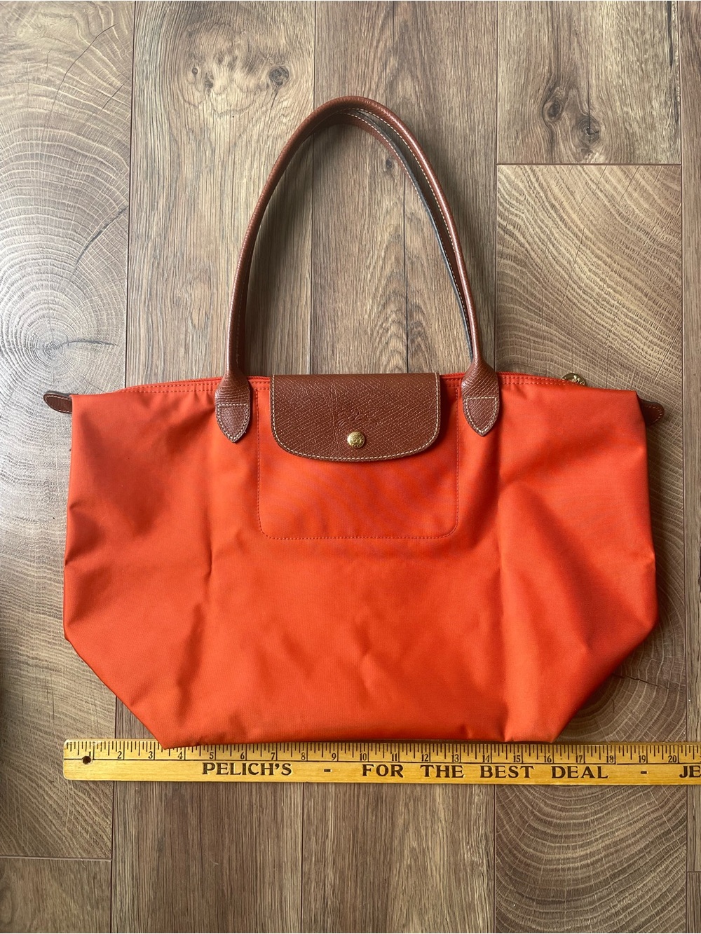 Vintage Longchamp Le Pliage Orange Tote Bag Brown Leather Trim Gold Hardware Zip